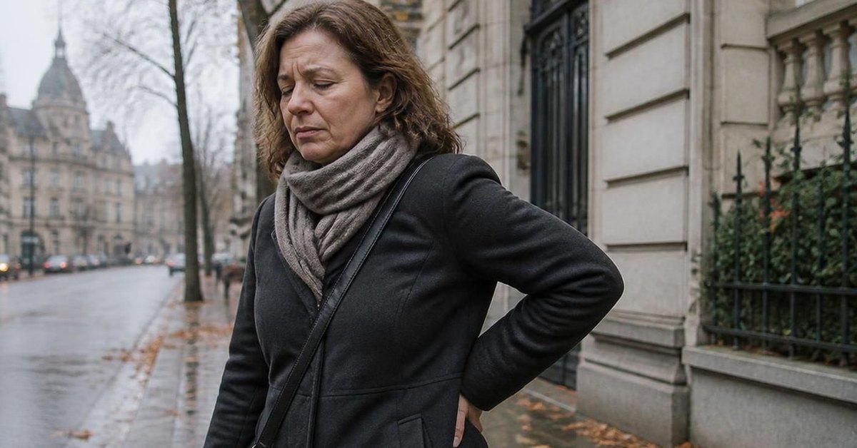 Femme en manteau d'hiver tenant le bas de son dos dans une rue bruxelloise humide en automne