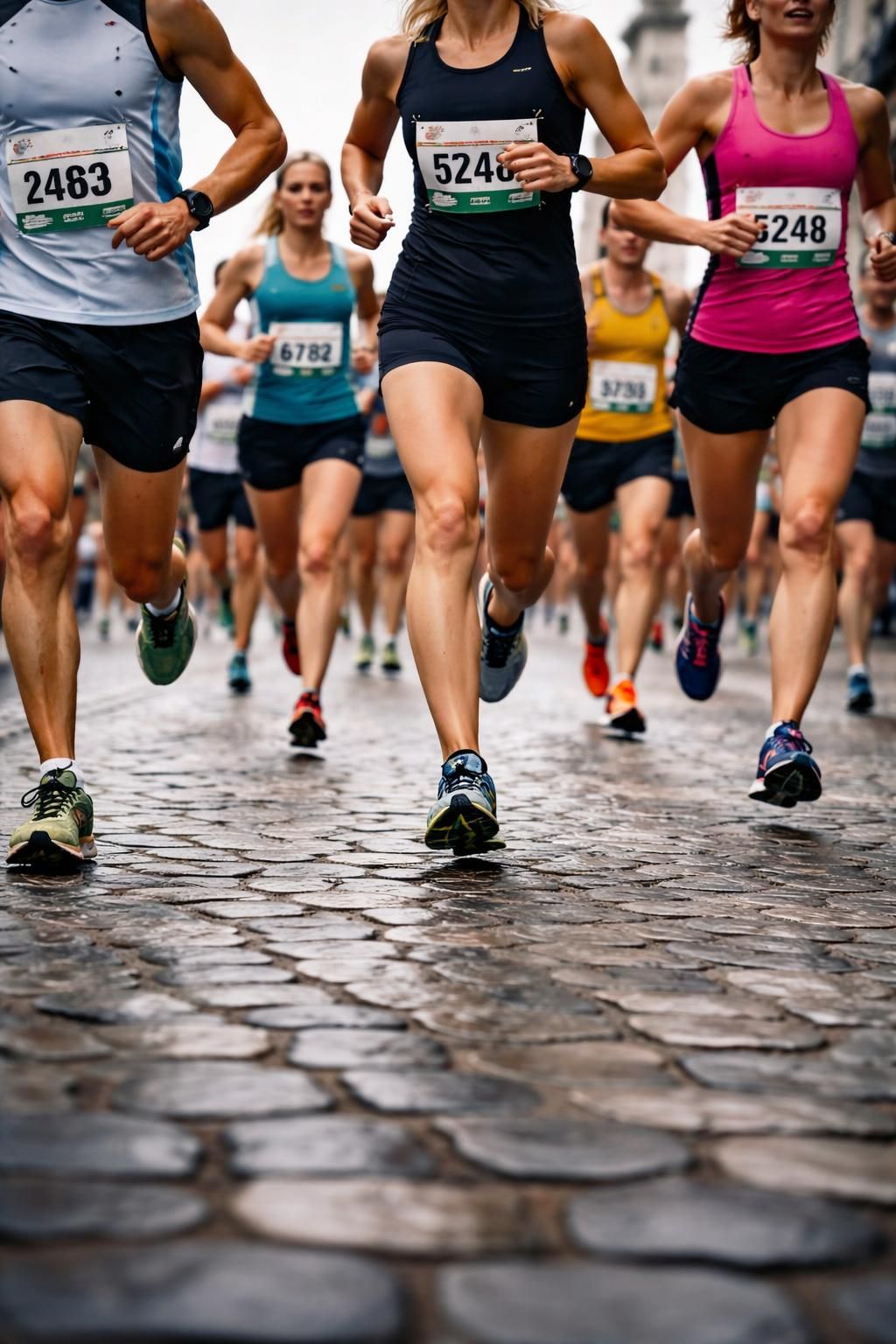 Pack of runners with race bibs running on wet Brussels cobblestones during the 20km de Bruxelles