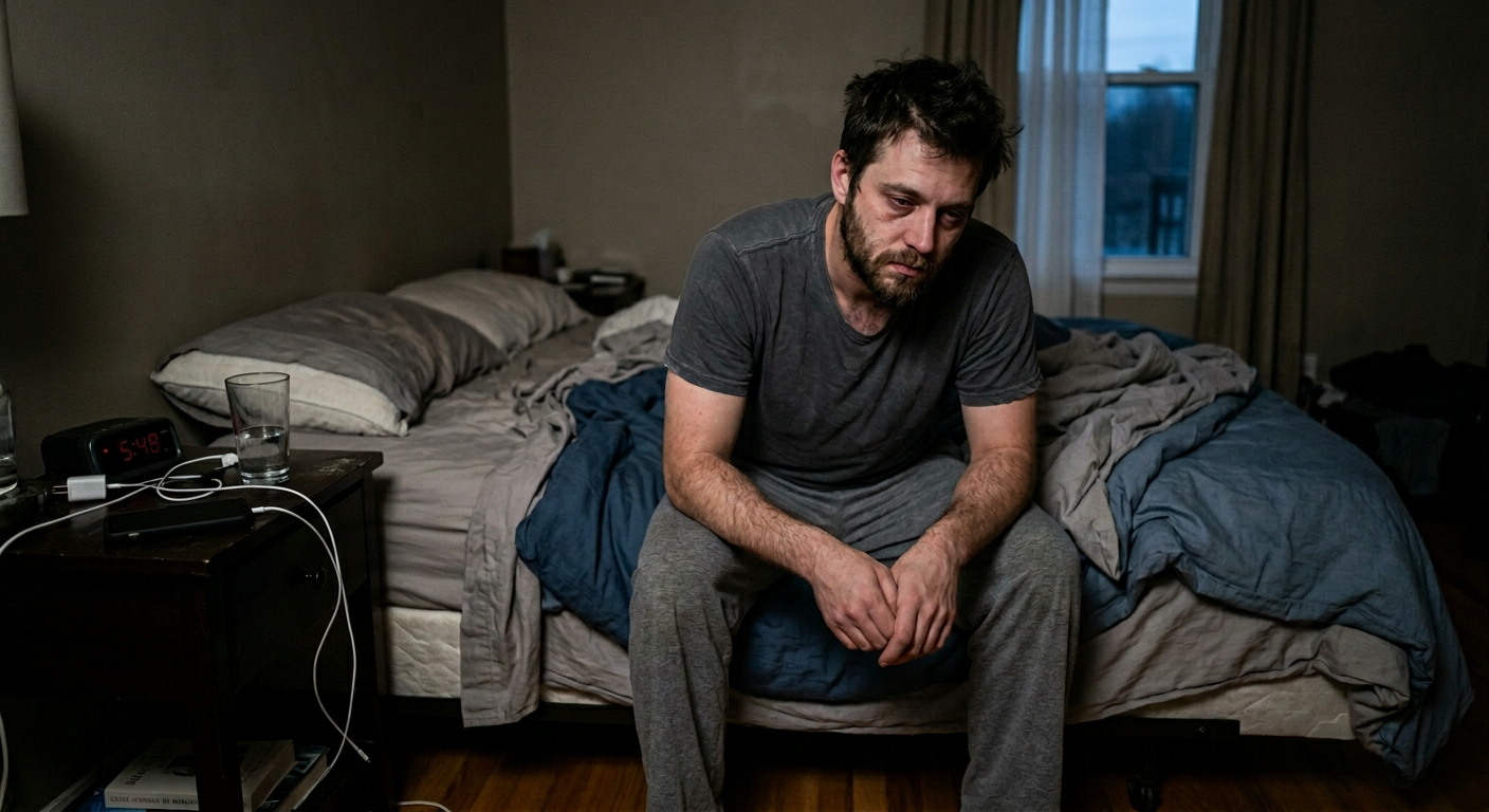 Homme épuisé assis sur le bord de son lit à 5h49 du matin, incapable de dormir malgré la fatigue